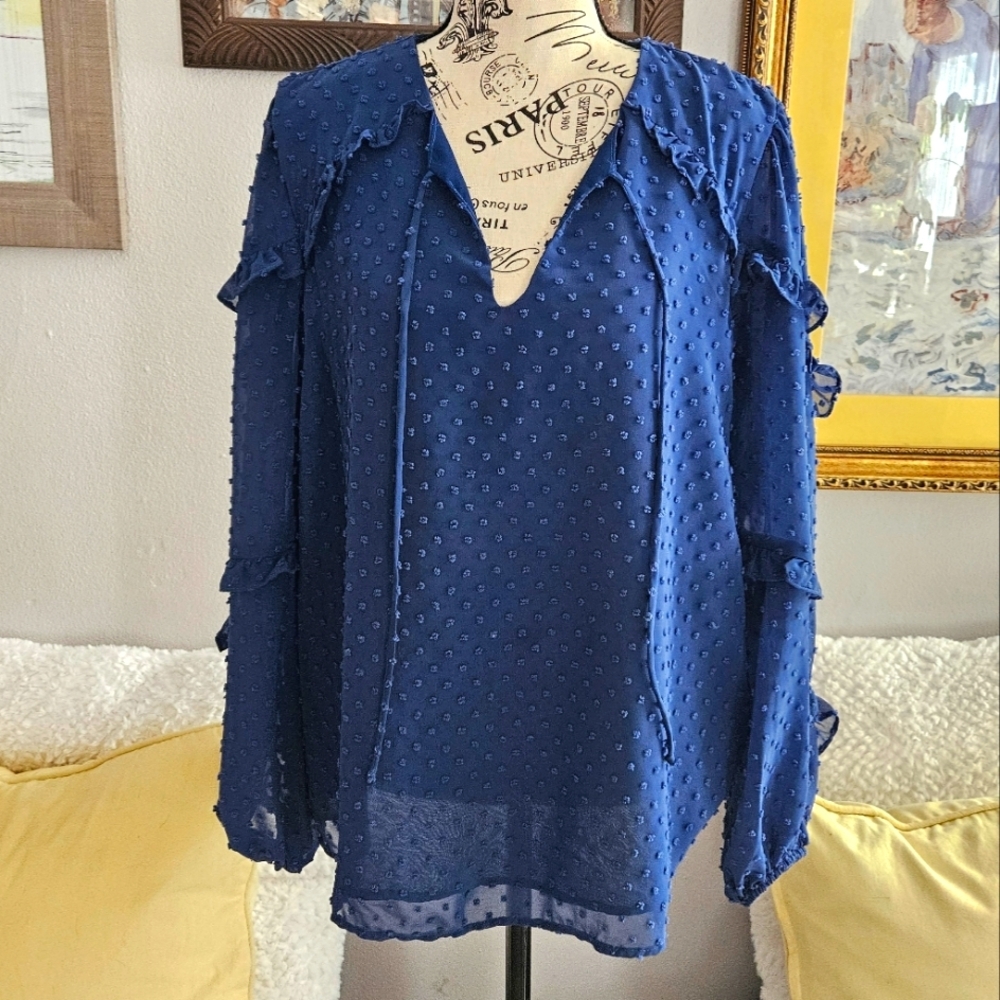 Gibsonlook Blue Sheer Blouse With Textured Polka Dots Sz L